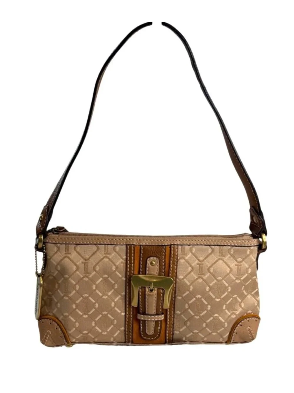Tignanello Jacquard Logo Fabric Shoulder Handbag Baguette Style Y2K Buckle